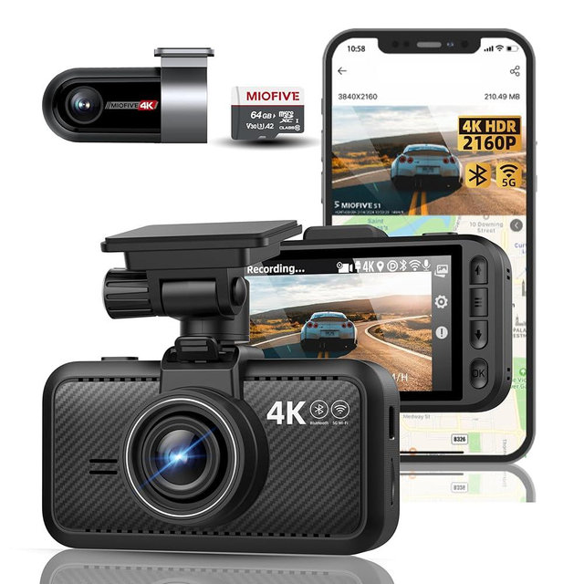 Miofive Dash Cam Car Front Rear 4K+4K WiFi Bluetooth Dash Cam with 64GB SD Card, Dual Car Camera with Parking Monitoring, Super Night Vision, HDR, G-Sensor, Loop Recording, App Control, Max 512GB