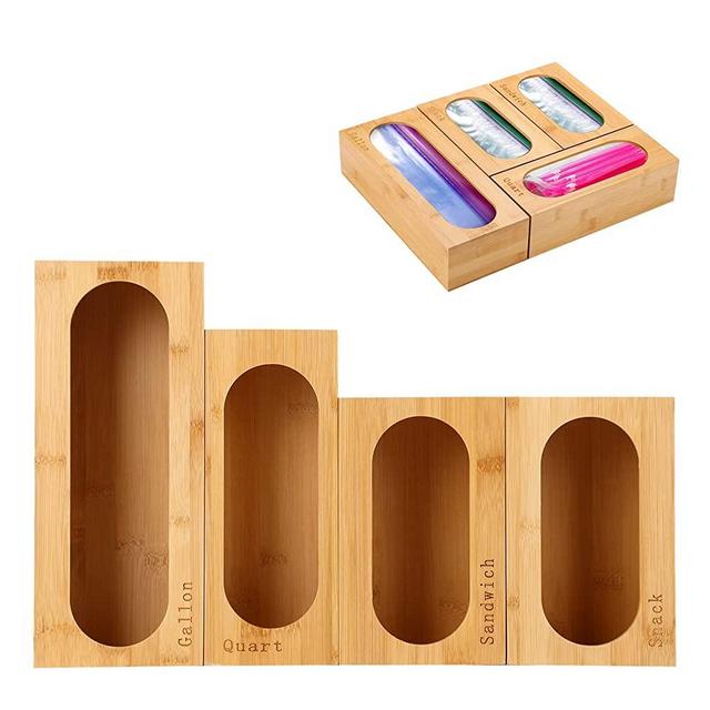 Ziplock Bag Storage Organizer, EUPXRHY 4 Separate Bamboo Baggie Organizer Dispenser for Drawer, 12x15" Large Capacity Zip Lock Bag Container Organizer for All Brands Sandwich Gallon Quart Snack Bags