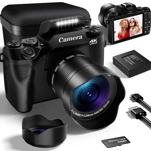 VJIANGER 2024 Upgrade 4K Digital Camera for Photography with 32GB SD Card, 64MP Vlogging Cmaera for YouTube with Front and Rear Camera, Camera Case, WiFi, 3000mAh Battery, 4.0" Touch Screen(Black)
