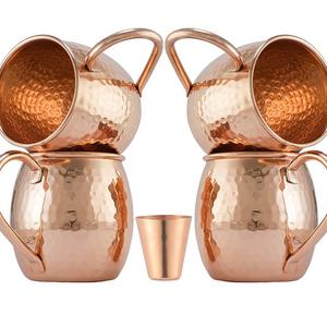 Moscow-Mix® - Moscow Mule Copper Mugs Set of 4 - Solid Copper Handcrafted Copper Mugs for Moscow Mule Cocktail - 16 Ounce - Shot Glass Included