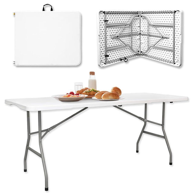 Folding Table 6ft Heavy Duty HDPE White Plastic Portable Table Fold-in-Half Utility Dining Foldable Table with Carrying Handle Indoor Outdoor for Picnic, Camping, Party