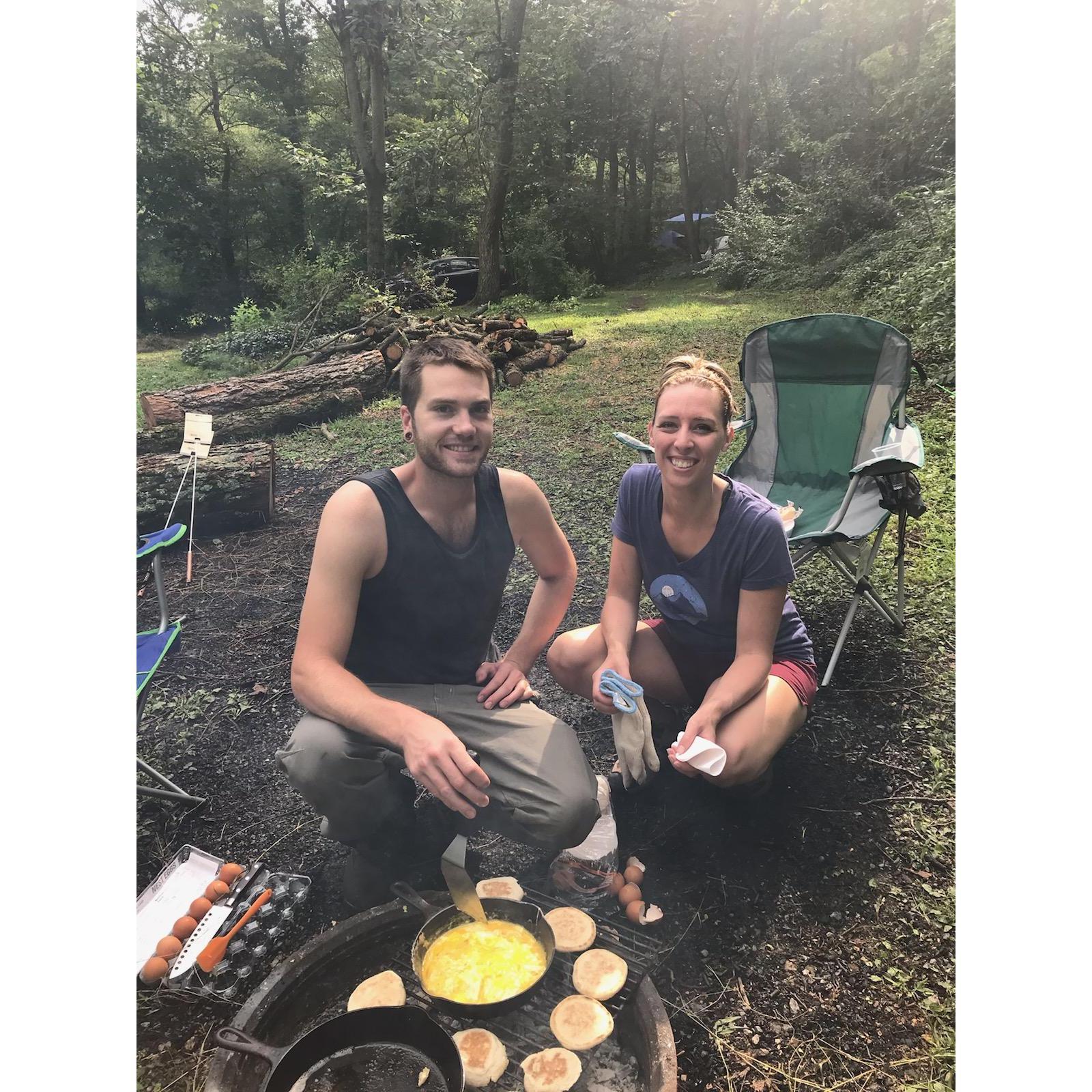 Making breakfast while camping at the family cottage.