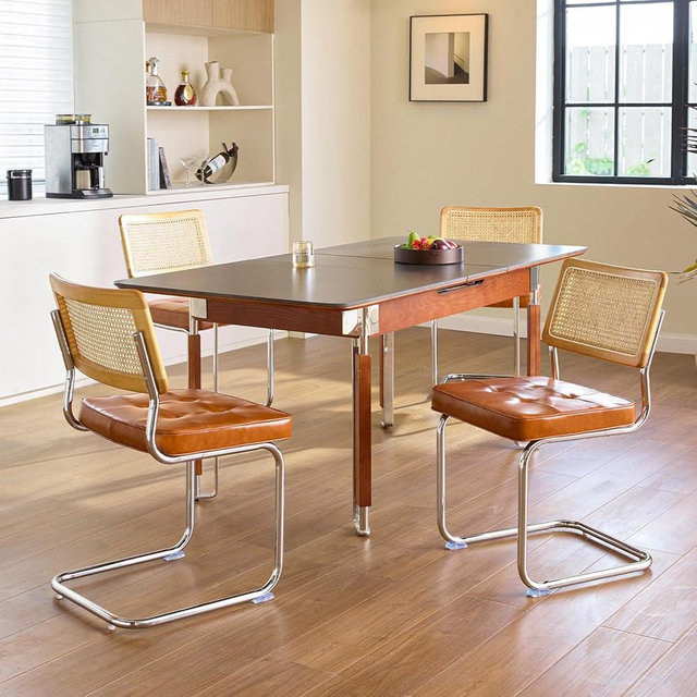 GrandNoor Brown Leather Rattan Dining Chairs Set of 4, Wooden Mid Century Modern Dining Room Chairs, Mesh Back Cane Kitchen Chair, Cesca Design Chairs with Metal Chrome Legs