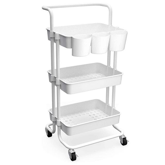 CAXXA 3-Tier Rolling Storage Organizer with 3 Small Baskets and Handle - Mobile Utility Cart with Caster Wheels (White)