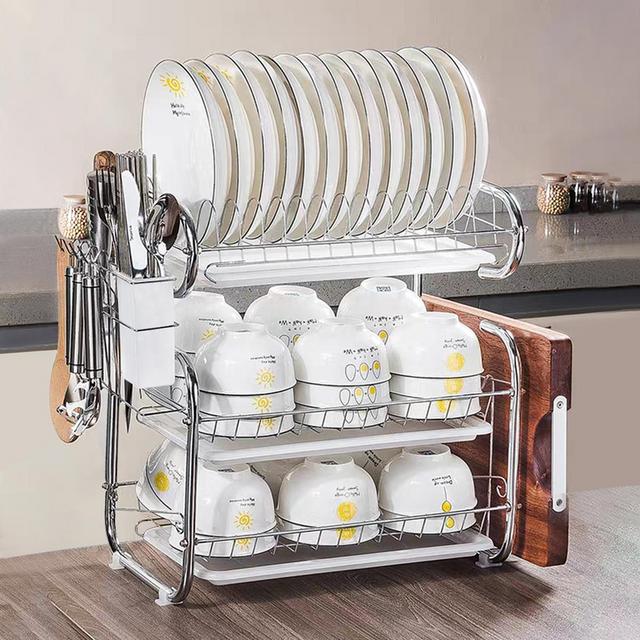Dish Drying Rack, 3-Tier 304 Stainless Steel Dish Rack with Utensil Holder, Cutting Board Holder and Dish Drainer