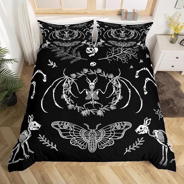 Castle Fairy Moth Animal Theme Duvet Cover Queen Size,Gothic Skull Boho Comforter Cover with 2 Pillowcase for Adults,Black and White Skeleton Decorative Soft Bedding Set