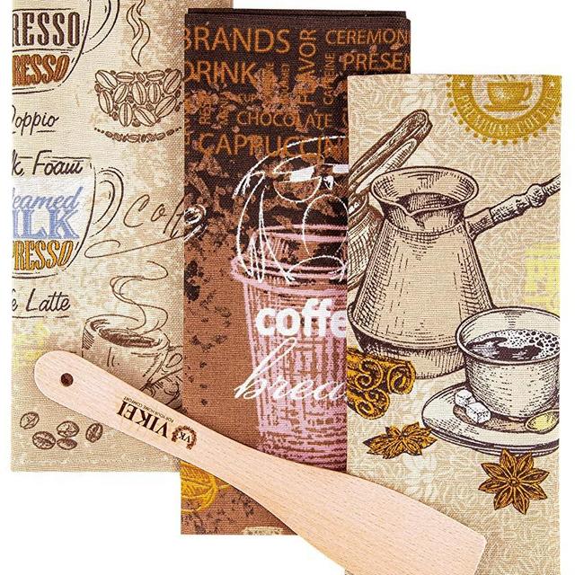 ViKei Decorative Coffee Cup Kitchen Towels Set of 3 Amazing 100% Cotton Best Absorbent Coffee Tea Towels with Wooden Spatula – Kitchen Gift for Women Mom Men New Home