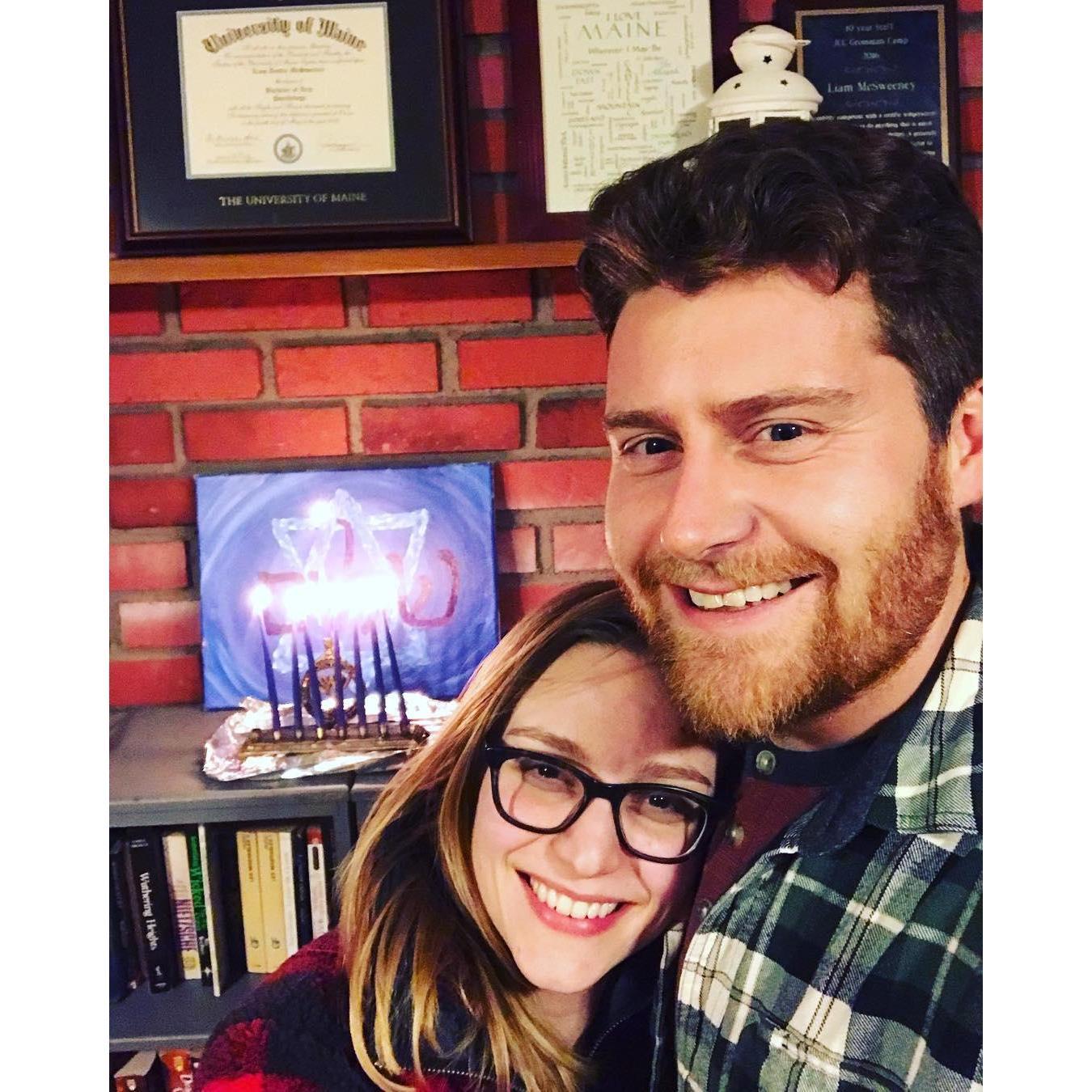 Samantha and Liam's first Chanukah in their new home. Celebrating their Jewish heritage and culture is extremely important to the couple and they are excited to share it during their wedding ceremony.