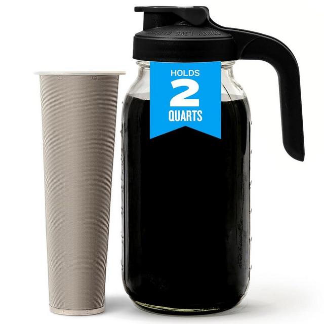 County Line Kitchen Cold Brew Coffee Maker, Mason Jar Pitcher - Heavy Duty Soda Lime Glass w/Stainless Steel Mesh Filter & Flip Cap Lid - Iced Tea & Coffee - 64 oz (2 Quart), Black Handle