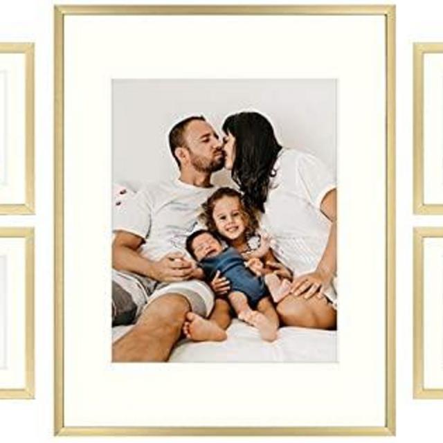 Golden State Art, Set of 7 Frames, Aluminum Metal Photo Frames with Ivory Color Mat & Real Glass, Décor Collage Frame - Color: Gold