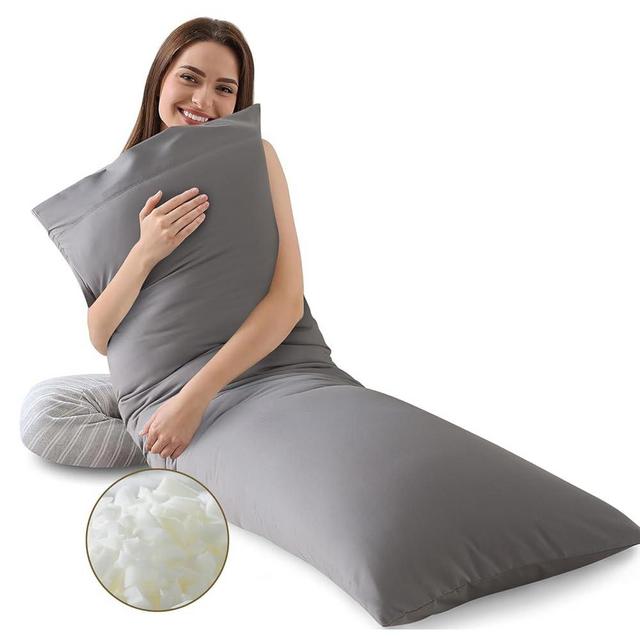 WhatsBedding Memory Foam Body Pillow with Pillowcase, Soft Large Long Bed Pillow for Adults, Breathable Full Body Pillow with Removable Pillow Cover - Grey