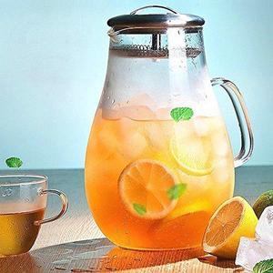 Hiware 64 Ounces Glass Pitcher with Stainless Steel Lid, Water Carafe with Handle, Good Beverage Pitcher for Homemade Juice and Iced Tea