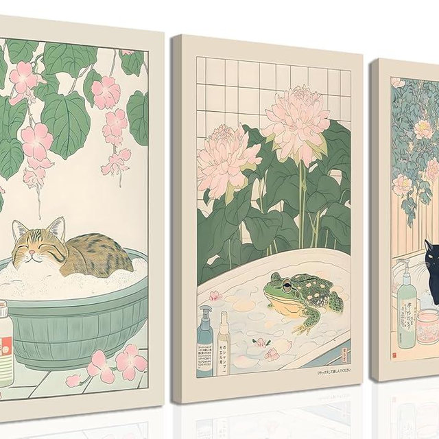 JBZDD Funny Bathroom Canvas Wall Art Set of 3, Japanese Black Cat Tabby Cats Frogs Wall Decor Paintings Cute Bathroom Posters Prints Pictures for Bedroom Toilet Home Decor 12x16 Inch Framed