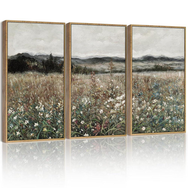 SHENIFY Vintage Landscape Framed Wall Art Meadow Flowers Farmhouse Decor Retro Classic Painting for Hallway Living Room Bedroom Dining Room - 16x24in3pcs Natural Framed