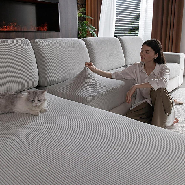 OHSIO Sectional Couch Covers, Wear Resistant Stretch Sofa Covers Washable Soft Couch Cushion Covers Anti Slip Furniture Protector Sofa Slipcovers for Pets(4 Pieces 3 Seaters+1 Chaise, Light Gray)