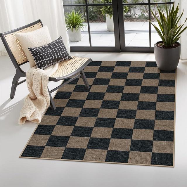 Lahome Checkered Easy Jute 3x5 Rug, Washable Rugs for Living Room Entryway Farmhouse Non Slip Black Outdoor Carpet, Checkerboard Indoor Door Mat for Entry Patio Deck