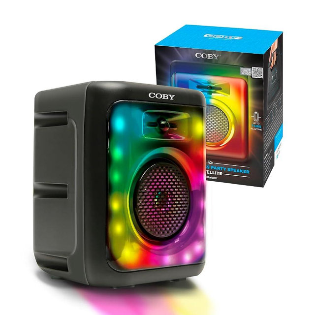 Coby True Wireless Speaker, Portable Bluetooth Speaker with 11 LED Light Modes, FM Radio, Mic and Aux Inputs, USB/SD/TF Card Slots, Karaoke Mode, Built-in Handle, Type-C Charging, 7-Hour Playtime