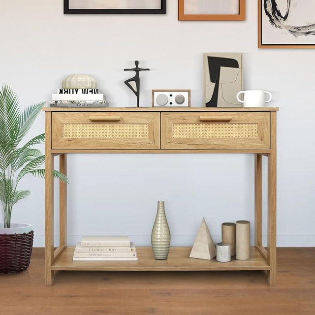 AWODUPH Console Table with 2 Drawers, Sofa Table, Entryway Table with Open Storage Shelf, Narrow Accent Table with Rattan Design for Living Room/Entryway/Hallway, Natural Color