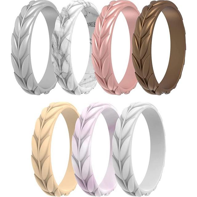 ThunderFit Silicone Rings for Women 7 Rings / 4 Rings / 1 Ring - Leaf Design Wedding Bands - 5.2mm Width - 2mm Thickness