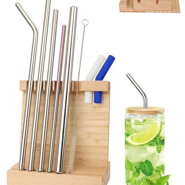 HOSASSPER Straw Drying Rack, Drinking Straw Holder, Foldable Bamboo Straw Holder, Space Saving Wooden Straw Holder for Reusable Juice Coffee Drinks Straw Stirrer
