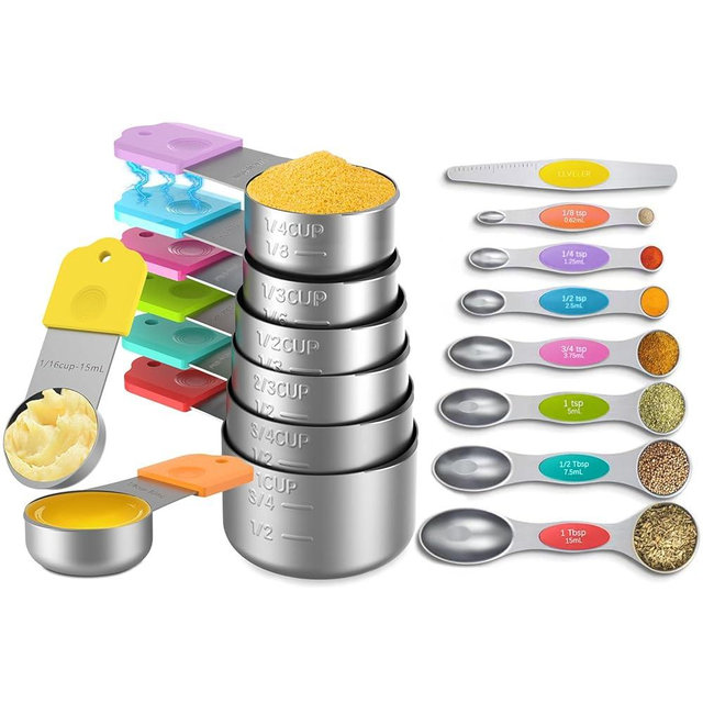 Minteem Magnetic Measuring Cups and Spoons Set, 8 Nesting Stainless Steel Measuring Cup Set with Easy to Read Markings, 7 Magnetic Measuring Spoons & 1 Leveler for Measuring Dry or Liquid Ingredients