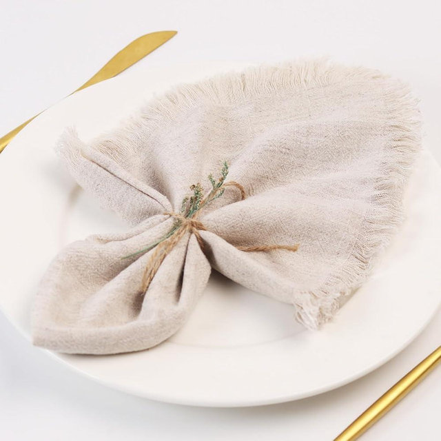Dololoo Handmade Cloth Napkins with Fringe,18 x 18 Inches Cotton Linen Napkins Set of 12 Versatile Handmade Square Rustic Fringe Napkins for Dinner, Wedding and Parties, Natural Linen