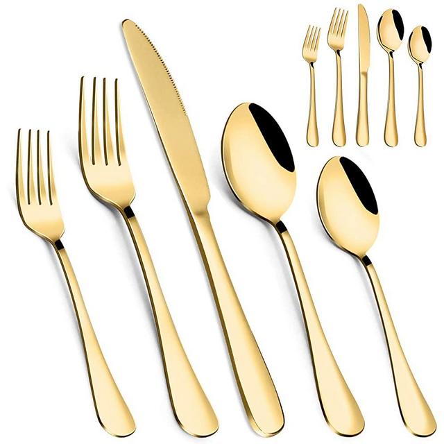 Gold Silverware Set, MASSUGAR 20-Piece Silverware Flatware Cutlery Set, Gold Mirror Finish, Stainless Steel Utensils Service for 4, Include Knife/Fork/Spoon