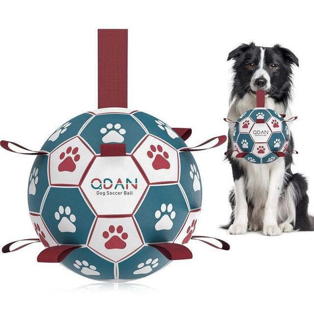 QDAN Dog Toys Soccer Ball with Straps, Interactive Toys for Tug of War, Puppy Birthday Toy, Dog Water Toy, Dog Balls for Small Medium Dog (6 Inch)