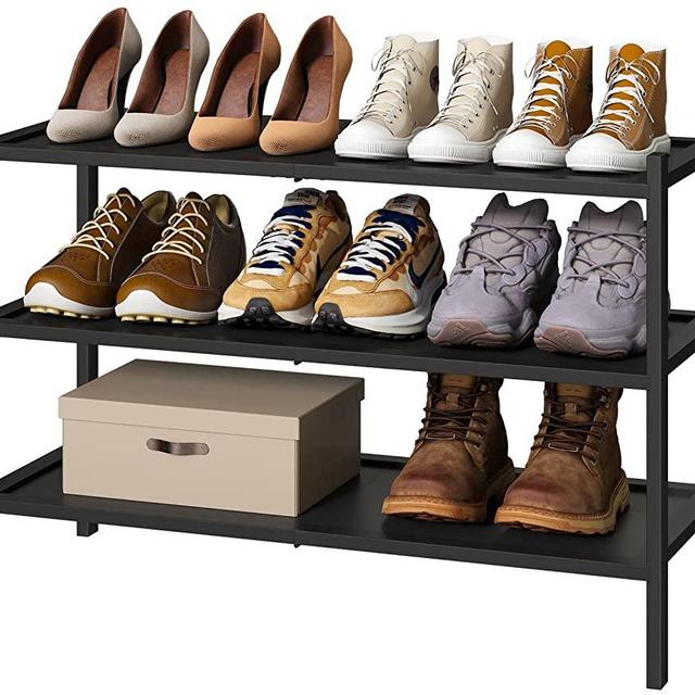 Shoe Rack 3 Tier, Free Standing Shoe Racks for Bedroom Hallway Closet, Narrow Shoe Organizer for Closet Entryway, Shoe Shelf, Rustic Brown, and Black