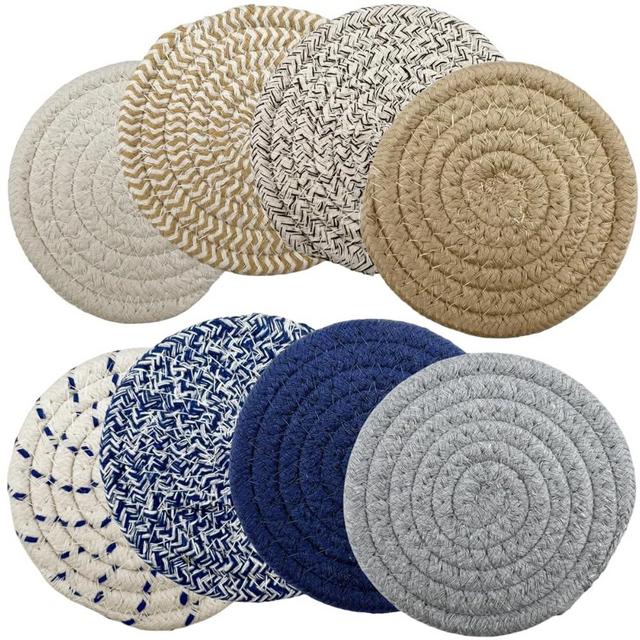 Set of 8 Coasters with Holder,8 Colors Drink Coasters,Thick Cotton Handmade Woven Coasters for Coffee Table,Coasters for Drinks Absorbent,Home Decor for Tabletop Protection,Diameter 4.3 Inchs