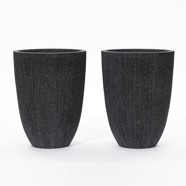 LuxenHome 2-Piece Tall Tapered Round Plastic Planters Set, Mediterranean Black