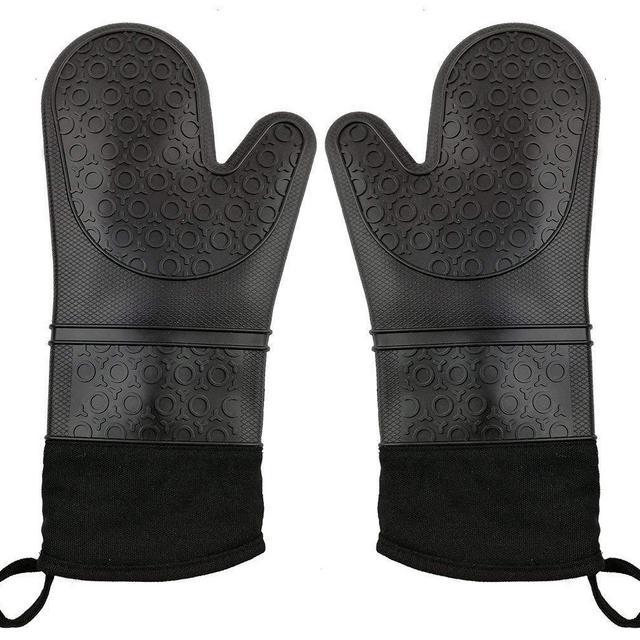 CalSunO Professional Silicone Oven Mitts Heat Resistant Commercial Grade Extra Long Quilted Cotton Lining Arm Guard- BBQ Grill Kitchen Versatile Insulated Potholder Comfortable Grip 1 Pair Set Gloves