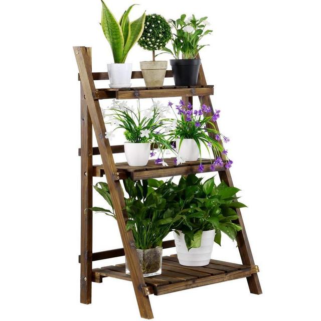 Yaheetech 3 Tier Folding Wooden Plant Stand Wood Organizer Flower Pot Stand Plant Display Shelf Rack Ladder Garden Indoors Outdoors 23.6 x 15 x 36.6in