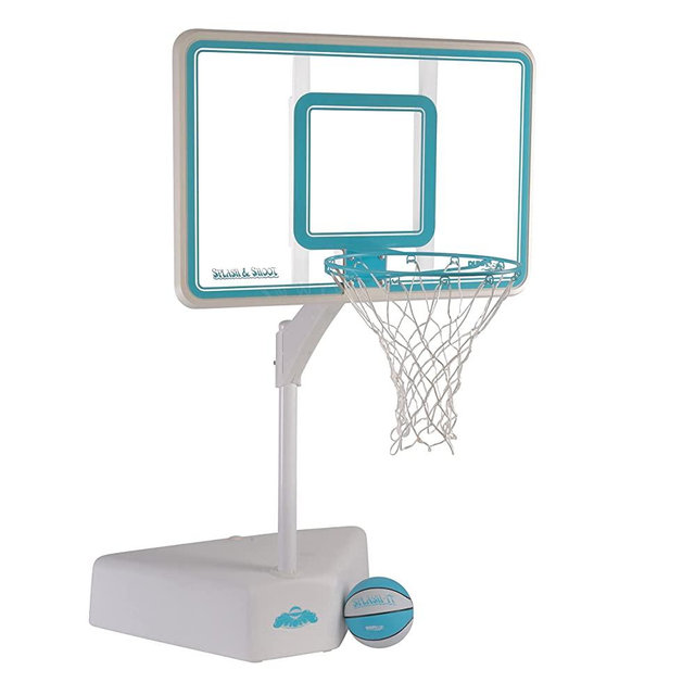 Dunn-Rite Splash & Shoot Outdoor Adjustable Height Swimming Pool Basketball Hoop w/ Ball, Base, & 18 Inch Stainless Steel Rim for Adults & Kids, Choose Clear or White