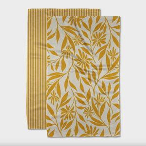 Geometry Tea Towel Set Ivy: Modern Floral & Stripe Quick Dry Microfiber Kitchen Towels, 2-Piece, Yellow