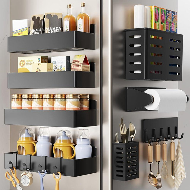 Magnetic Spice Rack for Refrigerator,8 Pack Magnetic Shelf,Fridge Magnet Organizer with Paper Towel Holder,Utensils Racks,Hook Rack,Deepened Basket,Fridge Organizers and Storage Black(8 Pack)