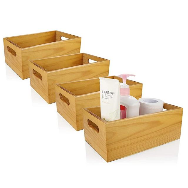 ASelected Pine Wood Organizer Open Box 4 Packs, 6x10 Wooden Storage Container with Handle for Bathroom and Kitchen