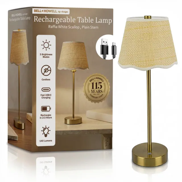 Bell + Howell Cordless Rechargeable Raffia Table Lamp USB-C Touch Dimmable LED Desk Lamp Gold