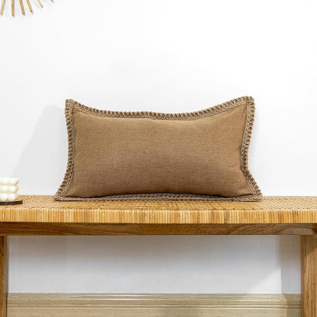 JoraLion Burlap Linen Lumbar Pillow Cover 14 x 24 inch, Trimmed Tailored Edges Cushion Cover Farmhouse Modern Decorative Pillow Case Outdoor Decor, Khaki, Pack of 1 (Cover Only)