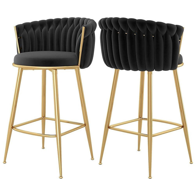 GOOLON Counter Height Stools Set of 2, Velvet Bar Stools with 27 Inches Upholstered Seat Height, Handmade Woven Back Armrest, Sturdy Golden Metal Legs for Home Dining Pub Kitchen Island, Black