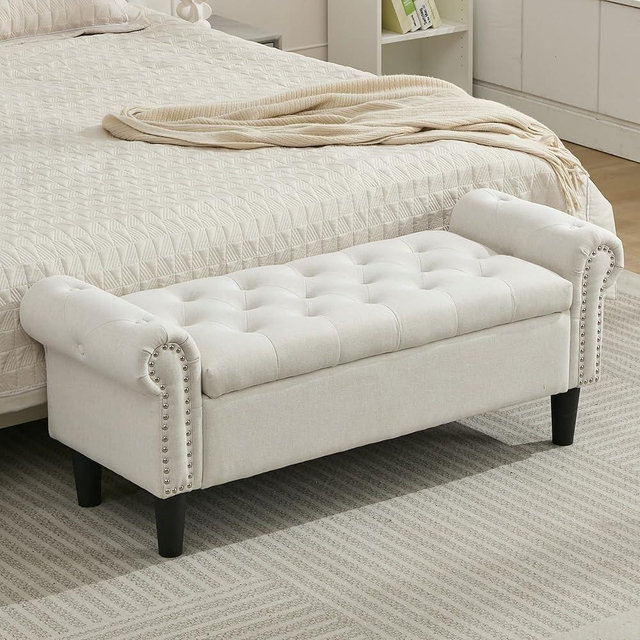 SOFTHION Storage Bench, 50" Queen End of Bed Bench, Linen Tufted Button Upholstered Bedroom Bench, Storage Ottoman with Rolled Arms, Window Bench with Storage, for Living Room, Entryway Beige