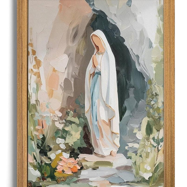 Framed 3D Textured Virgin Mary Wall Art, Hand Drawn Sandstone Catholic Wall Decor Painting, Christian Religion Artwork Pictures for Prayer Room Living Room Bedroom 12x16 Inch