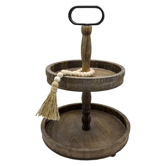 Banooo Two Tiered Tray Farmhouse, Tiered Tray Stands, Distressed Wood Farmhouse Tiered Tray for Decor, Rustic Tier Tray Decoration Tray for Home Kitchen Table (Brown)