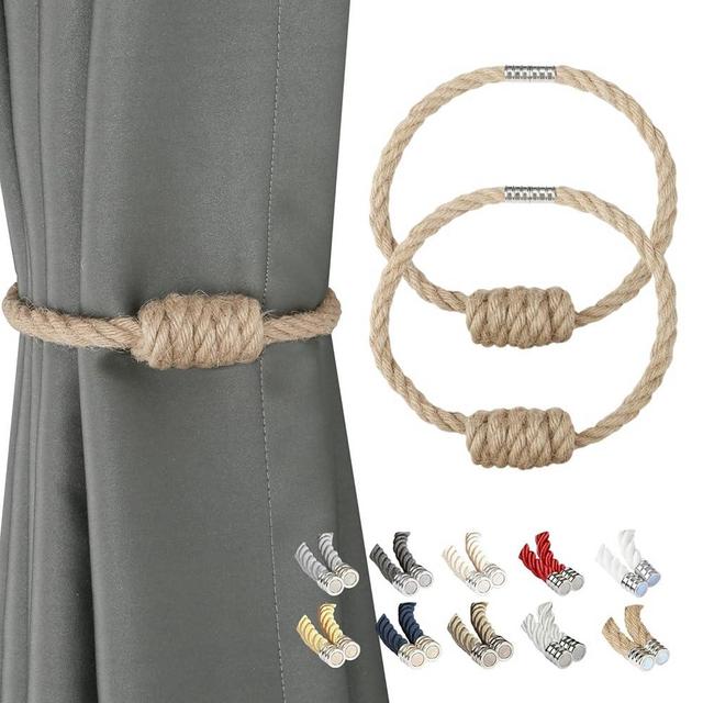 BEL AVENIR Magnetic Jute Curtain Tiebacks, Decorative Drapery Holdbacks Bohemian Style Woven Tie-Backs with Exquisite Knot (Jute, 2 Pack)