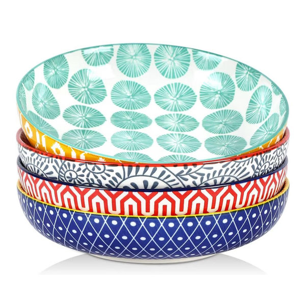 Selamica Ceramic Pasta Bowls Set of 4, 34 OZ Salad Bowls, 8.6 Inch Wide and Shallow Bowls, Microwave & Dishwasher Safe, Assorted Colors