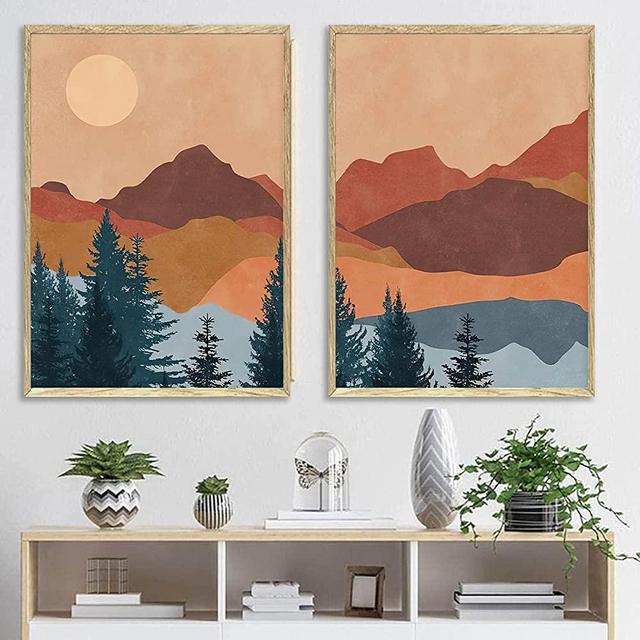 Mid Century Canvas Wall Art Boho Abstract Art Boho Mountain Wall Art for Living Room Decor Boho Terracotta Wall Art Boho Sun Poster Print Boho Mountain Poster for Bedroom Decor 16x24inchx2 No Frame