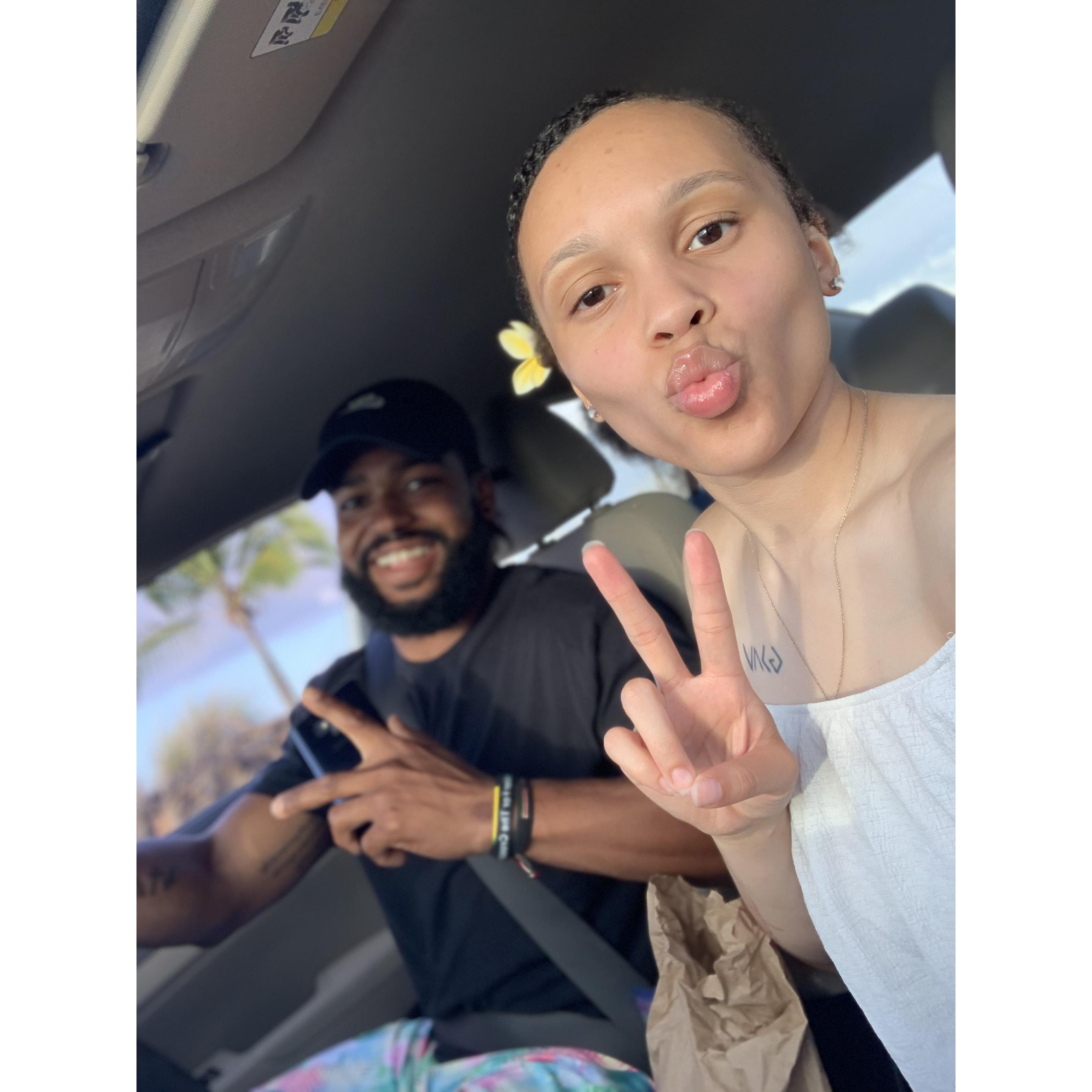 We took this photo in the car right before he proposed!