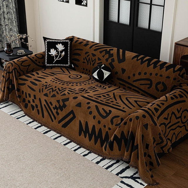 MEETSKY Boho Couch Cover Sofa Covers, Chenille Geometric Dark Brown Couch Covers for 2 Cushion Couch Sofa for Dogs, Washable Sofa Slipcover for Cat Sofa Protector with Tassels,71" x 118"