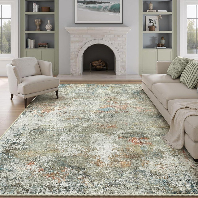 PureCozy 8x10 Area Rugs for Living Room Orange Grey Non Slip Washable Neutral Modern Abstract Indoor Rug Thin Large Soft Throw Low Pile Carpet for Bedroom Dining Room Farmhouse Home Office Decor