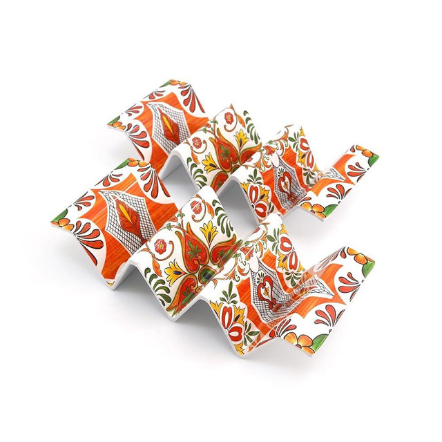 TP Taco Holder Stands, Set of 2 Melamine Large Taco Serving Rack Tray with Handle, Holds 3 Tacos, Dishwasher Safe, Ideal for Taco Night, Party, Home, Fiesta, Talavera Sunset